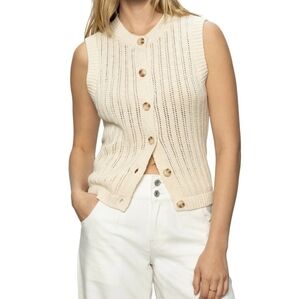 Sanctuary Woman Sleevless Pointelle Sweater Beige Knit Button-Up Vest